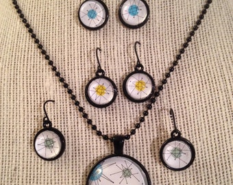 Handmade Mid Century Modern Franciscan Starburst Cabochon Earrings