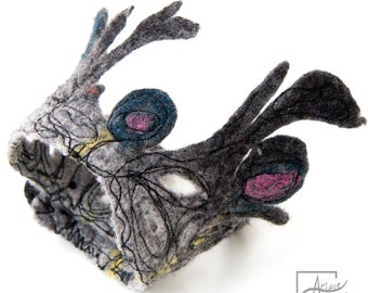 OOAK Wearable art Bracelet - Sculptural Textile bracelet in black, gray, blue and pink - Outstanding Fiber art cuff - Paris made accessory