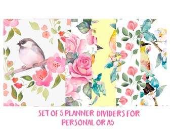 Filofax, Kikki-k Dividers. Set of 5 tabbed planner dividers for Personal or A5 sized planners. Side or Top Tabs. Laminated. Floral,Birds-161