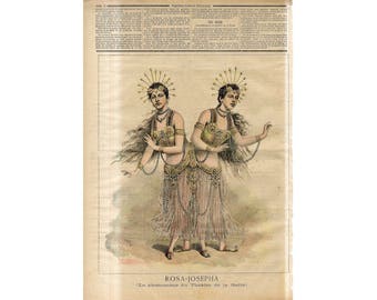 C. 1891 - SIAMESE TWINS PRINT - original antique print - conjoined twins - The Bohemian Twins - pygopagus print -