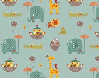 Giraffe Crossing 2 - Main Teal - Riley Blake Designs - Blue Animals Elephant - Cotton Woven Quilt Fabric - choose your cut