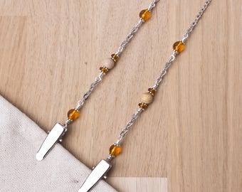 Picture jasper napkin clip chain - Gemstone and orange bead silver serviette lanyard | Elegant Napkin clips neck cord holder | Foodie gifts