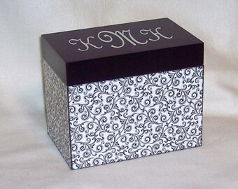 Recipe Box - Black and White Swirls Personalized Wooden Recipe Box - Keepsake Box -Trinket Box