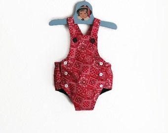 Red Bandana Print Vintage Inspired Rockabilly Baby Sunsuit/ Romper with Plastic Button Closure