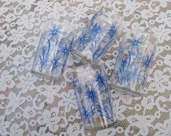 Set of Four (4) Mid Century Juice Glasses-Dark Blue Floral Pattern