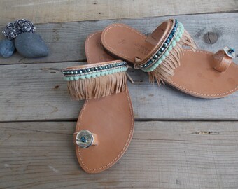 Pompom Sandals, Greek Boho Sandals, Pom Pom Sandals, Ethnic Sandals Bohemian sandals Handsewn sandals