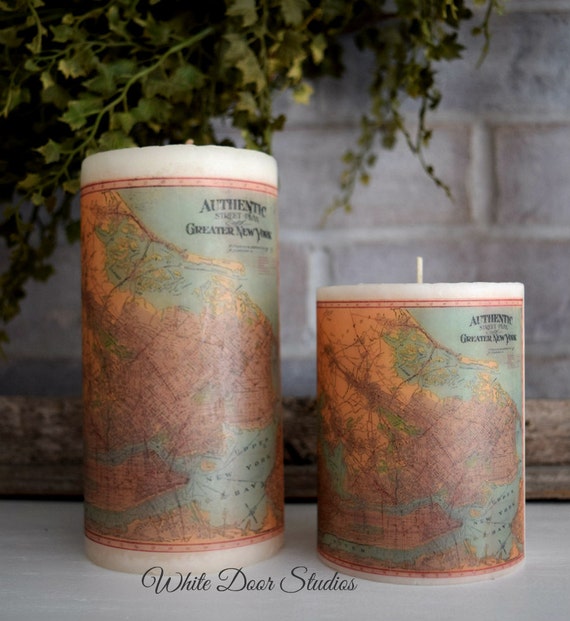 New York Antique Map Pillar Candle