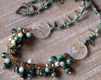 Unlisted - Green Turquoise - Shallow Forest Dragonfly Necklace - Boho Necklace - Cluster Necklace - Woodland Necklace - Bead Soup Jewelry