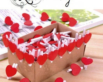 10 small clips red 35 * 20mm Whitewood and hearts