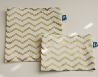 Reuseable Eco-Friendly Set of Snack and Sandwich Bags in Gold and White Chevron Fabric