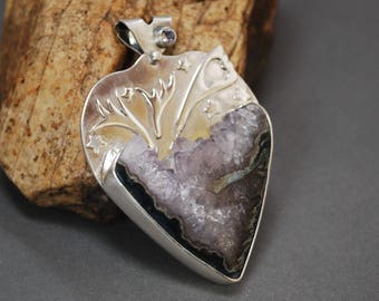 Silver and Amethyst Heart Pendant, Amethyst Pendant with Crystal Druzy J-2225