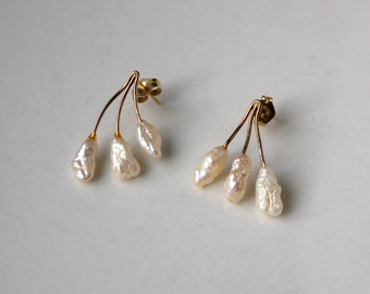 Vintage 3 Drop Pearl and Gold Earrings, 14k, Jewelmont