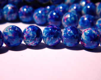 shiny 20 painted glass beads - 8 mm - turquoise and fuchsia PG43 1