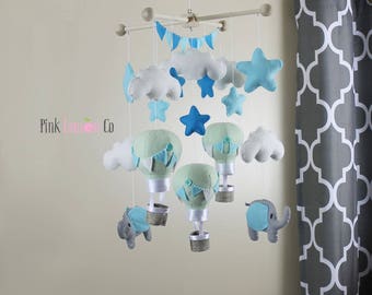 elephant nursery decor baby mobile bebe baby gift baby shower gift felt mobile hot air balloon nursery mobile baby boy gift elephant nursery