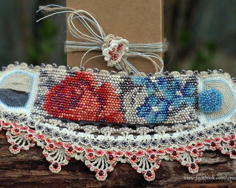 Red rose blue flowers - crochet tapestry with beads cuff