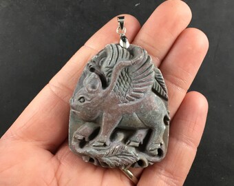 Flying Winged Pig Jewelry Necklace Pendant Carved Ribbon Jasper Stone