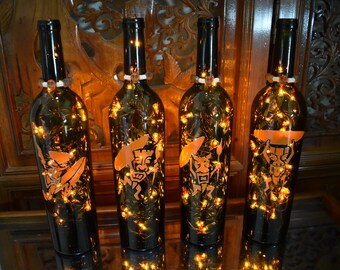 Tiki God Head Hunter Wine Bottle Light, Orange Dancing Tiki God with Surfboard and Orange Skull Puka/Stone topper, Tiki Skulls, Tiki Bar