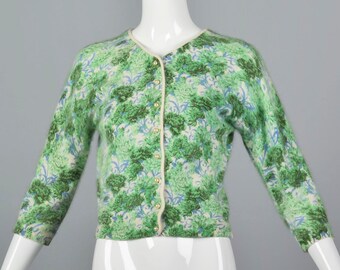 XS 1960s Cardigan Angora Sweater 60s Knit Cardigan Hand Screen Printed Floral Sweater Green Blue Button Cardigan 1960s Vintage