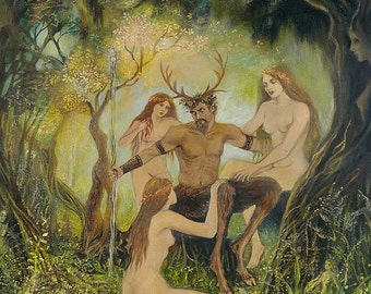The Council of Cernunnos 5x7 Greeting Card Pagan Mythology Horned God Forest Nymphs Goddess Art