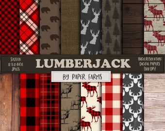 Lumberjack digital paper, lumberjack scrapbook paper, rustic digital paper, deer, forest, plaid, gingham, buffalo, wood, instant download