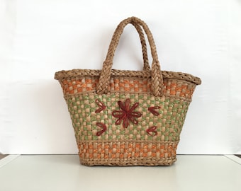 Strohkorb Tasche - Stroh - Sommer Babyschale - Strand Tasche - Korb - Korb Tasche - Markt Tasche - Vintage Stroh Tasche - gewebt Stroh Tasche