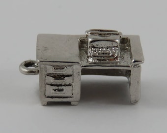 Office Desk with Typewriter Sterling Silver Vintage Charm For Bracelet