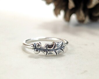 Holly ring, Sterling Silver, leaf and berry, stacking, Winter jewelry