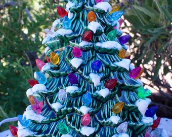 12 1/2" Ceramic Christmas Tree Lighted, Just Like Grandma/Mom's Green Glaze with Snow