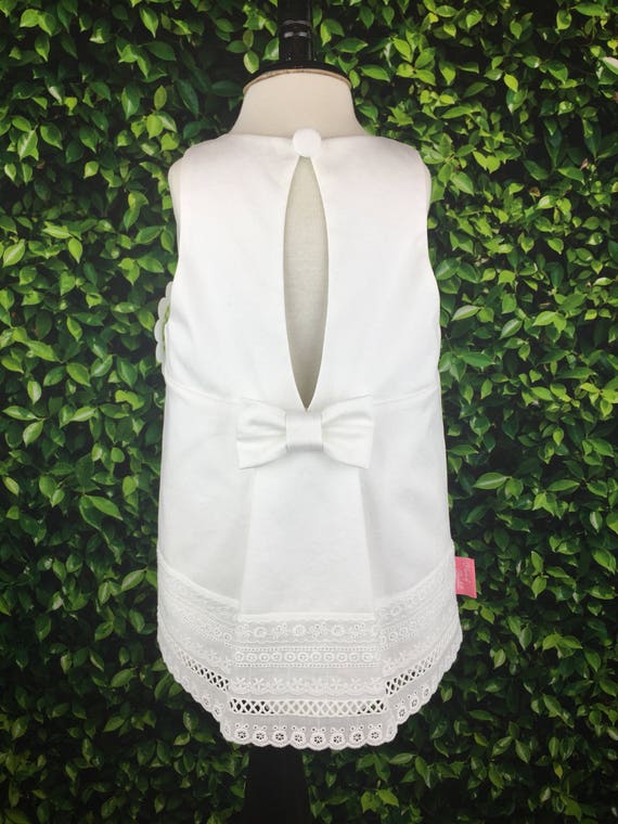 The "Key Hole Tunic" in White Sateen with White Eyelet Trim