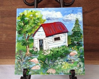 Original 6 x 6 Small Painting on Tile: Old Shed