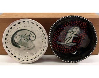 Kitty Cats in Bowls - Ceramic Bowl Set - Original Painting by Jenny Mendes in two Hand Pinched Ceramic Finger Bowls