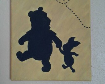 8x10 Hand Painted Winnie the Pooh and Piglet Holding Hands Silhouette on Canvas