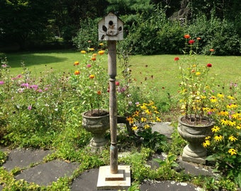 Vintage One of a Kind Architectural Salvage White Chippy Birdhouse with Rust Metal Roof