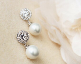 Pearl Bridal Earrings Pearl Wedding Earrings Crystal Halo Earrings Drop Pearl Earrings Wedding Jewelry Bridesmaid Gift Pearl Bridal Jewelry