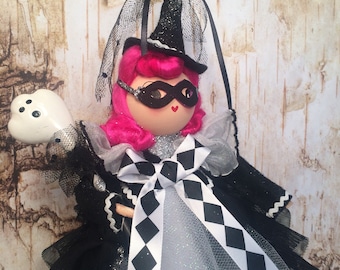 Halloween masquerade witch doll centerpiece halloween decor fall decor art doll witch tree topper pink hair doll vintage retro inspired