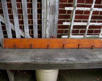 Vintage Wood Wall Coat Rack Salvaged from an Old House 6 Hooks Rustic Primitive