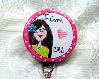pink polka dot id badge holder for medical assistant-id badge reel for CMA-gift for medical office staff-gift idea for CMA-CMA id clip