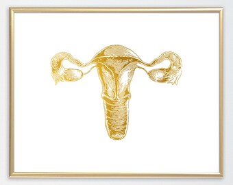 Female Reproductive System, Uterus Anatomy Gynecology Print, Vagina Uterus Fallopian Tubes Ovaries Print,gold foil, gold