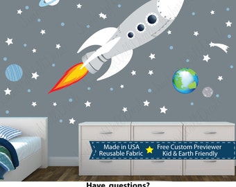 Rocket Wall Stickers, Space Wall Stickers, Kids Rocket Decal (WHITE Sk Rocket with Planets) SKR