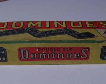 Vintage Halsam Double Six Dominoes Set no. 623-W. Wooden. Woolworth Building NYC (R37)