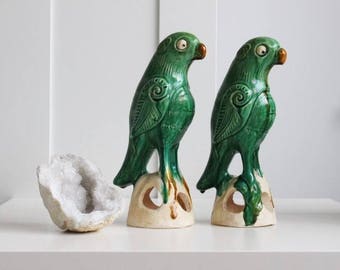 Vintage pair Chinese Sancai Green Parrot figures in Terracotta Tang Pottery porcelain parrots figurine bird chic hollywood regency