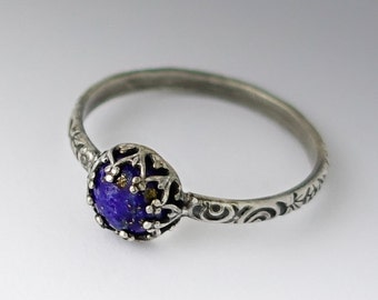 Lapis Lazuli Ring, Sterling Silver Pattern Band with Lapis Lazuli, Custom created in your size, Vintage Style Ring, Lapis Jewelry