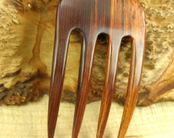 Laos Rosewood 4 7/8 Inch Four Prong Curved Hair Fork Pick Pin Comb Pic Stick Deep Red with Blackish Grain 2 5/8" wide FPL 3 5/8" Strong