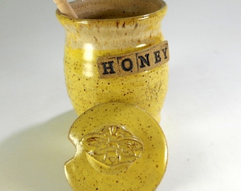 Ceramic honey dipper pot, pottery honey jar with bee, stoneware honeypot with dipper stick and HONEY, yellow honey pot with lid