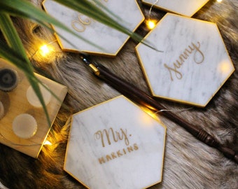 4 Customized Calligraphy Hexagon Marble Coasters | Wedding Place Cards | Escort card | Personalized Hexagon Coaster | Wedding Favors |