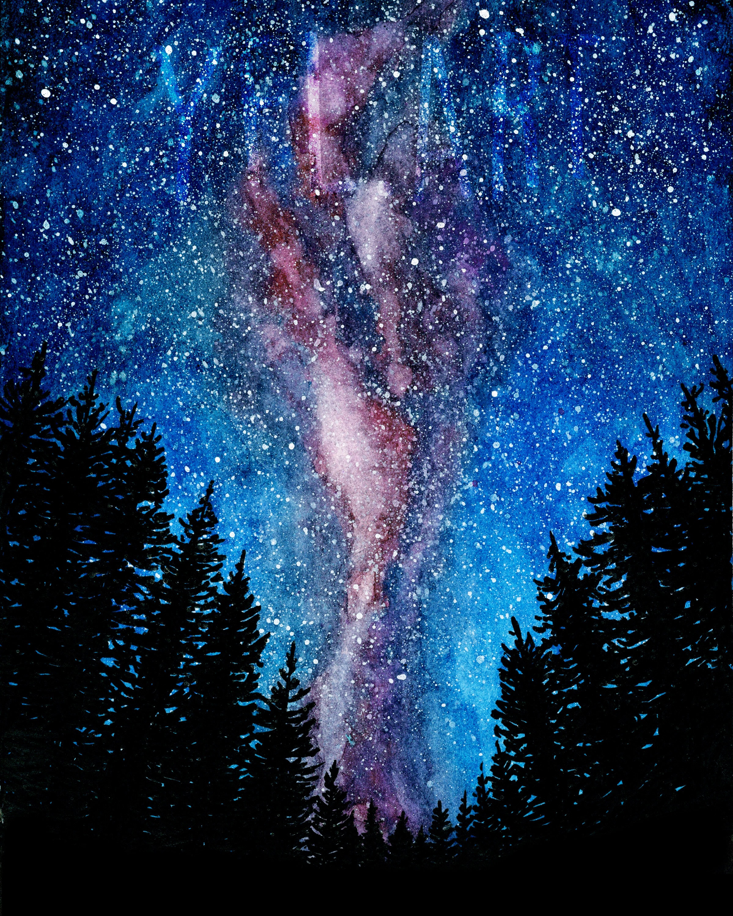 Galaxy painting Watercolor galaxy Milky way Treescape