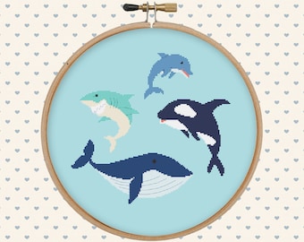 Sea animal cross stitch pattern pdf - orca, whale, dolphin, shark - instant download - nautical cross stitch