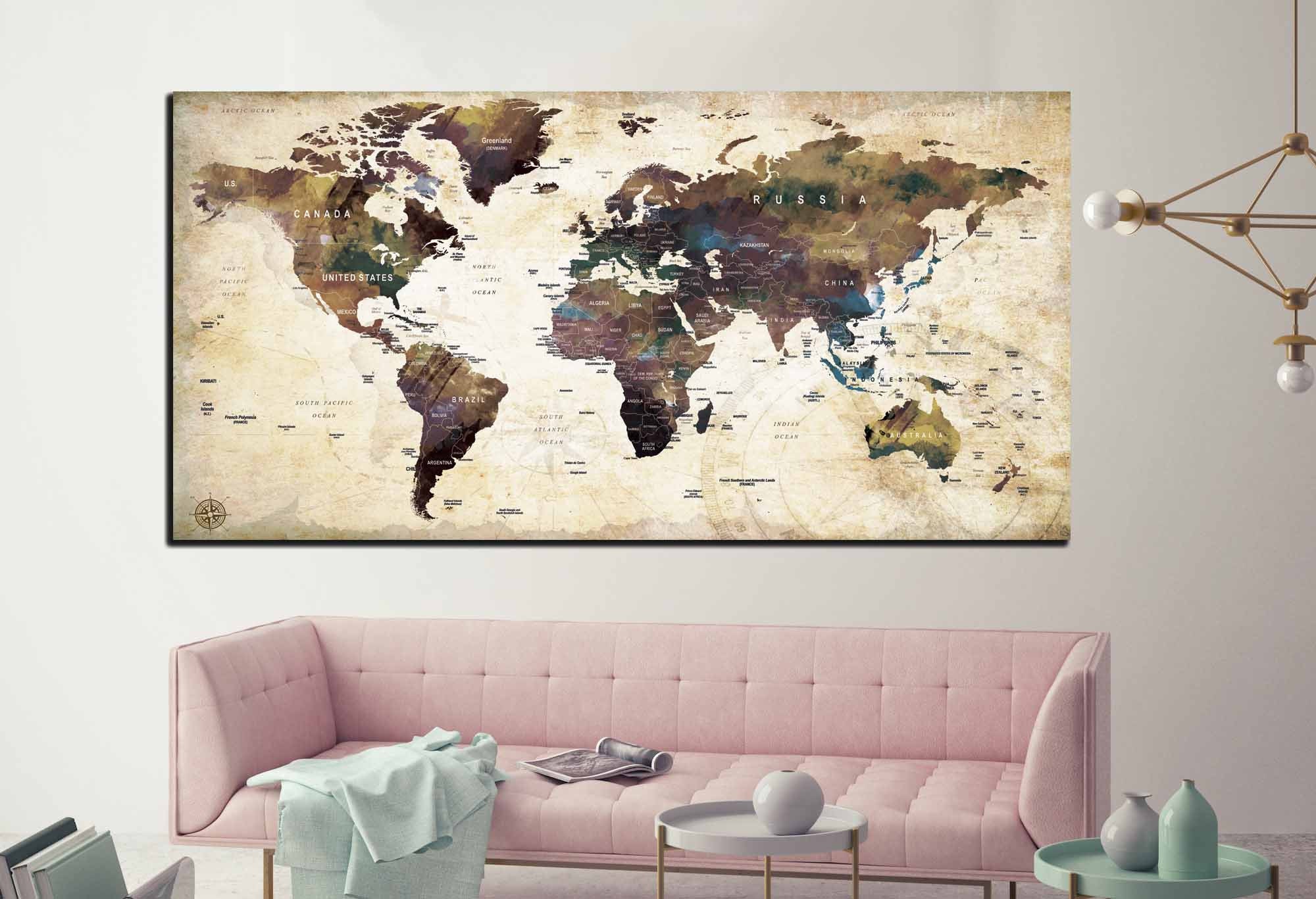 VINTAGE Wall Art World Map Push Pin Canvas Print Push Pin World Map