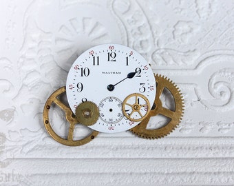 Steampunk Brooch with Antique Waltham Porcelain Pocket Watch Dial Face with Clock Gears and Cogs, Vintage Clock gears Cogs