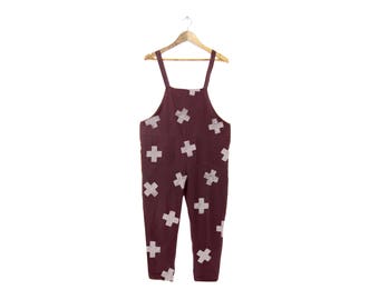 X-Marks the Spot Overalls - X Print Jumpsuit, Oversized Simple Romper, Cotton Cropped Pants in Maroon Plus Sign - Size S-5XL